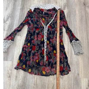 Free People Thunder Canyon Tunic Floral Button Front Sheer Navy Blue Boho Large thumbnail 6