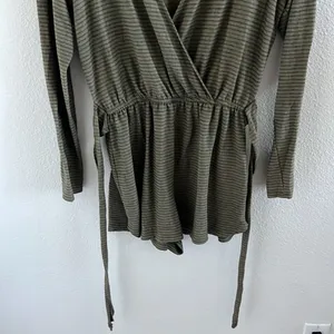 Billabong Faux Wrap Romper Green Stripe Tie Waist Boho Long Sleeve Tie Medium thumbnail 5