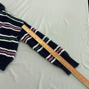 Free People Navy Blue Striped Chunky Knit Polo V-Neck Sweater Large thumbnail 8
