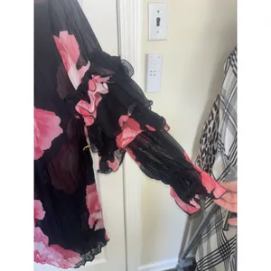 TOV Los Angeles Red Black Floral Ruffle Sleeve Sheer Crinkle Midi Dress 44 XL thumbnail 8