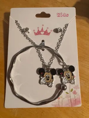 Kids Silver Tone Enameled Mickey Themed Bracelet Necklace Earrings thumbnail 1