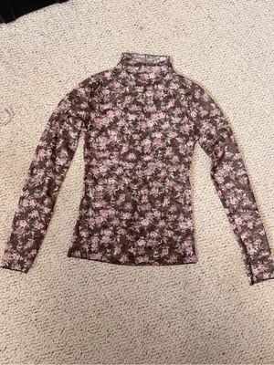 New In Floral Mesh Mock Neck Top Brown‎ Pink Rose Print M thumbnail 2