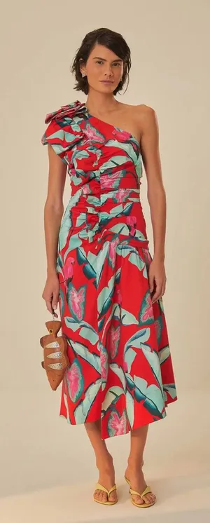 Farm Rio Red Summer Foliage One Shoulder Maxi Dress thumbnail 1