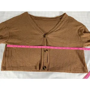 ROMWE Brown Waffle Knit Cropped Cardigan Sweater Women's Size L Large Boho Cozy thumbnail 4