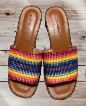 Lucky Brand Women's Size 8 Brown Leather Flip Flop‎ Sandal Heel Rainbow Beach thumbnail 1