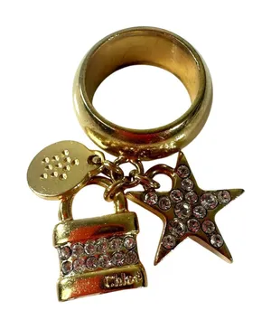 Chloé Paddington Gold Tone Padlock Star Charm Ring Rhinestone Size 6.5 thumbnail 1