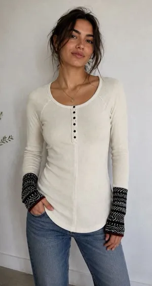 Free People Top Women L Newbie Thermal Alpine Henley Cuffs Cream Black thumbnail 1