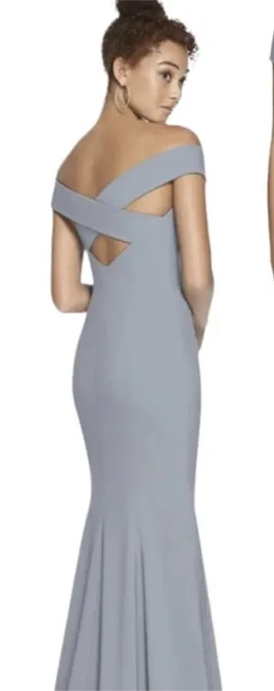 Dessy Collection‎ OFF-THE-SHOULDER CRISS CROSS BACK TRUMPET GOWN Platinum thumbnail 1