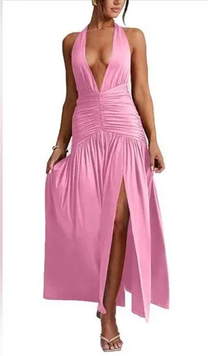 Ekaliy Women'sHalter Deep V Neck Maxi Backless High Slit Ruched Dress XL NWT thumbnail 1