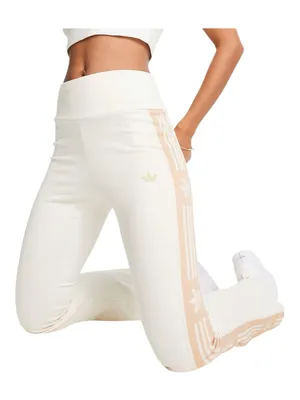 new adidas Originals ミ Ski Chic Flared Rib Retro 3 Stripe Leggings ミ Oatmeal ミ M thumbnail 4