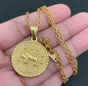 18K Gold plated Taurus Zodiac Sign Quarter Coin Pendant 20” Necklace 15.7g thumbnail 2