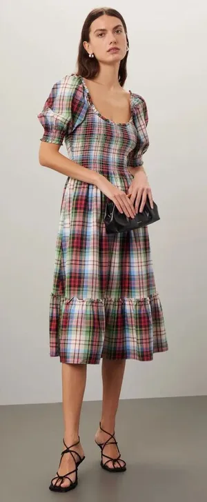Hill House Home The Louisa Nap Dress in Ivory Red Tartan Small thumbnail 1