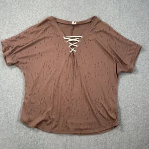 Buckle Tattered Lace Up Tee Shirt Women's Small Brown Short Sleeve Distressed thumbnail 1