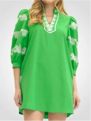 Entro 3/4 Sleeve Embroidered Mini Dress in Green Size S thumbnail 1