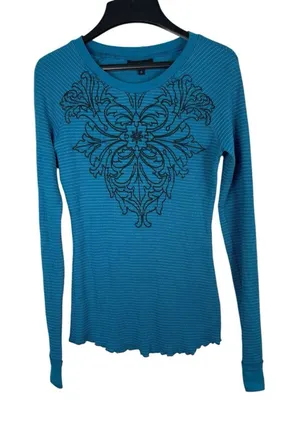 VTG Y2K Athleta Blue Waffle Longer Arm Black Flower Grunge 2000s Top S thumbnail 1