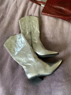 Madden Girl Madden NYC by Steve Madden Metallic Silver Etched Mid Calf Western Boots thumbnail 8