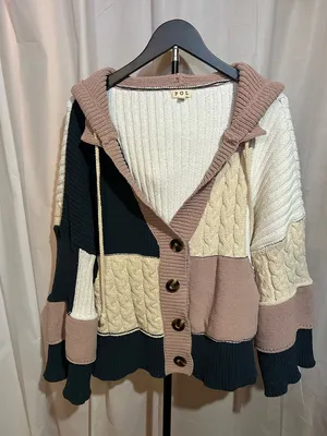POL Colorblock Cable-Knit Hooded Cardigan - Pink/Navy/Cream thumbnail 2