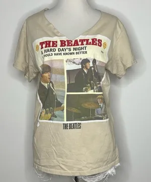 5/$25💜 The Beatles- Beige "The Beatles" Graphic Tee with Hand Cut V-Neck thumbnail 1