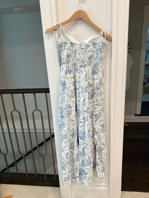 WAYF Blue Floral Tie Strap Smocked Bustier Tiered Midi Dress M thumbnail 4