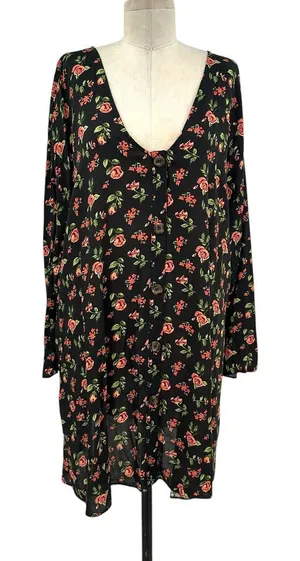 ASOS Floral Print‎ Black Pink Green Button Front Mini Tunic Dress Size US 12 thumbnail 1