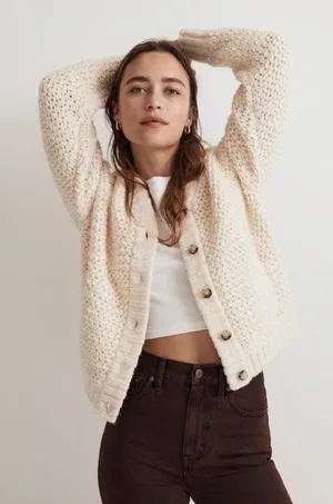 Madewell Wool Bomber‎ Cardigan Sweater Chunky Knit Cream Fisherman $148 NWT XXS thumbnail 1
