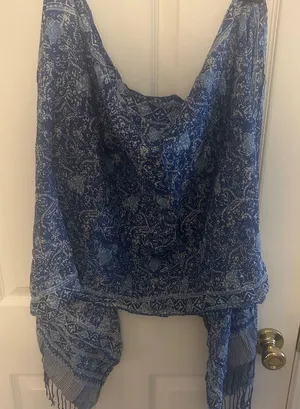 Blue Floral Scarf with Fringe thumbnail 1