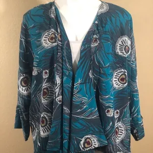 NY Collection Teal peacock feather print cardigan thumbnail 1