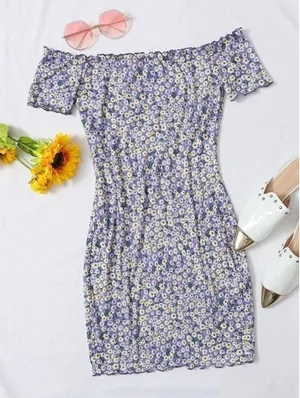 Womens Shein Ditsy Floral Print Off Shoulder Dress - Sz L thumbnail 1