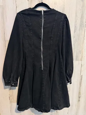 Black Acid Wash Denim Fit & Flare Mini Dress Puff Sleeve Size Small thumbnail 5