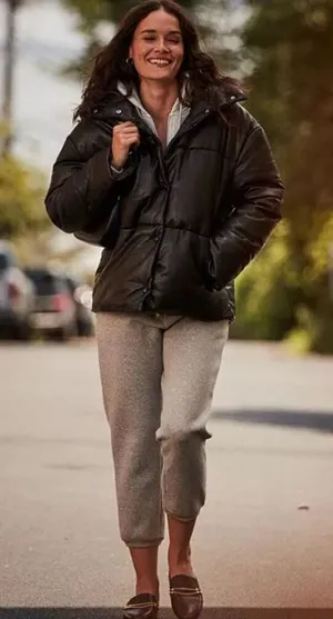 Avec Les Filles Faux-Leather Puffer Jacket Coat Size Small Olive Green Snap Clos thumbnail 1