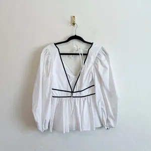 Staud | NWT Luna Contrast Peplum‎ V-Neck Open Back Top in White & Black thumbnail 3