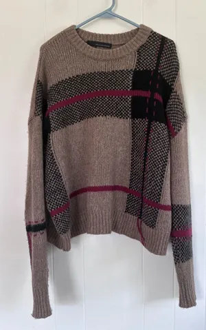 360 Cashmere Merino Wool Plaid Sweater Taupe Black Magenta Large L26 P24 thumbnail 1