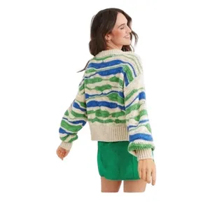 Aerie Wavy Stripe Sweater Womens S Green Blue Cream Chunky Knit Wool Blend Boho thumbnail 2