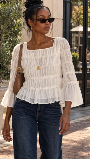 Madewell Tiered Smocked Chiffon White Blouse women’s Size M Top Square Neck New thumbnail 1