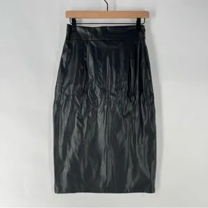 Shein Elegant Black Faux Leather High‎ Rise Front Skit Women's Midi Pencil Skirt thumbnail 8