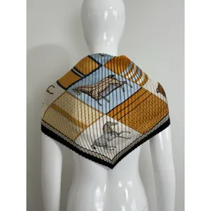 ⁠Vintage Pleated Scarf Equestrian Horse Print Gold Blue Yellow Square Neck Wrap⁠ thumbnail 3