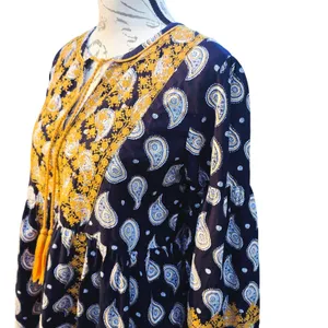 Roller Rabbit Navy Paisley Embroidered Cotton Tunic Dress‎ Yellow Tassels Medium thumbnail 2