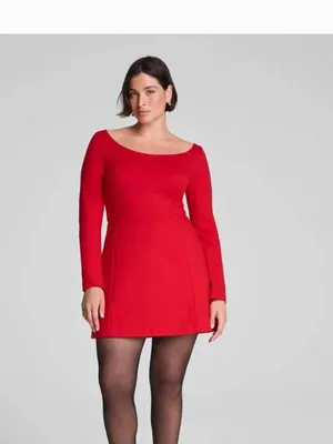 NWT SPANX $168 Long Sleeve Ballet Neck Mini Dress- Spanx Red Medium thumbnail 2