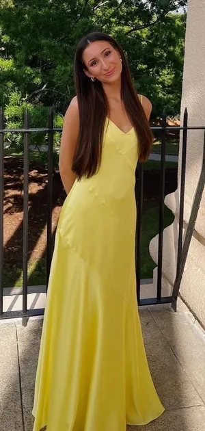 NWT‎ Belle Badgley Mischka Sky Satin Canary Yellow Maxi Slip Dress Formal Gown thumbnail 1