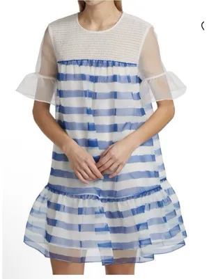 STAUD Florence Dress in Painted‎ Stripe Size XS Blue White Ethereal Flaw thumbnail 1