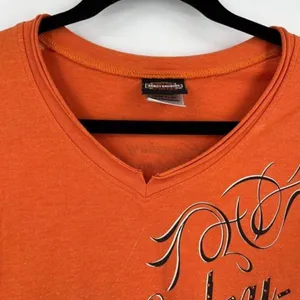 Harley Davidson women’s orange large spell‎ out Jewel encrusted t-shirt medium thumbnail 3