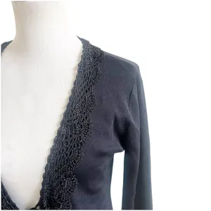 Joseph A. Vintage Knitted Cardigan Size Small Black Crochet Tie Front Whimsygoth thumbnail 6