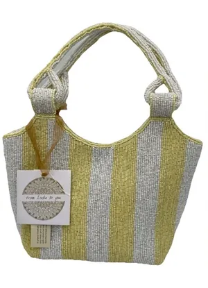 NWT~Striped Beaded Yellow & White Tote Hand Bag thumbnail 1