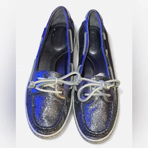 Coach Richelle boat shoes in a metallic silver glitter finish size 8B, new years thumbnail 2