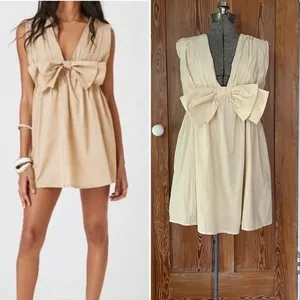 BUCKET LIST Darcy Cream Big Bow Deep V Babydoll Coquette Mini Dress - Size M thumbnail 16