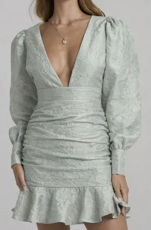 Showpo NWT Baxia Textured Balloon Sleeve Mini Dress sz 8 Silver Blue thumbnail 1