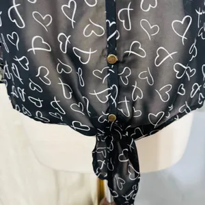 Timing Black Sheer Heart Print Ruffle Tie Front Blouse Top Women Sz L‎ Celestial thumbnail 3