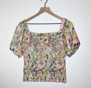 Anthropologie Aurelia Smocked Top Floral Cream Size M Balloon Sleeve Ruching thumbnail 4