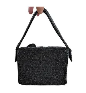 Vintage Black Beaded Hand Bag, 1950s Black Beaded Purse thumbnail 1