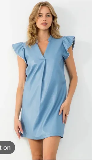 New With Tags THML Faux Leather Flutter Sleeve Dress Sz M thumbnail 1